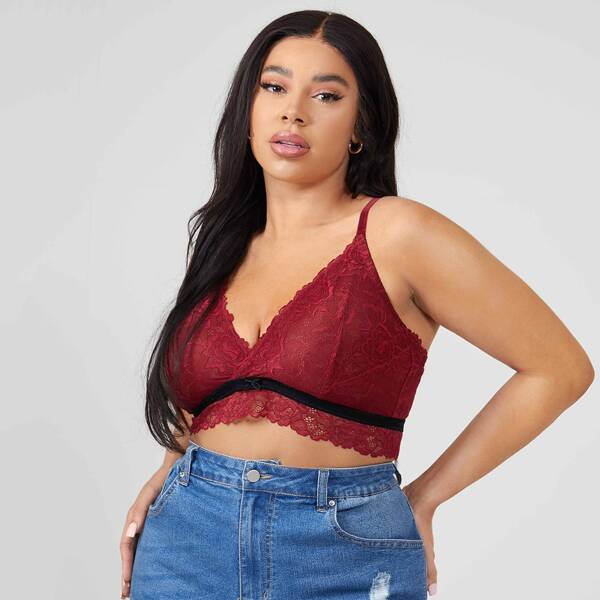 

Plus Floral Lace Longline Bralette, Burgundy
