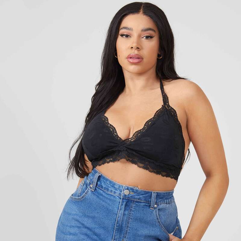 

Plus Floral Lace Halter Bralette, Black