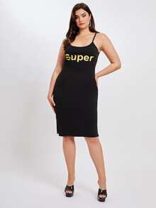 Đầm Plus Size Lá thư Giải trí - màu đen - Xem 3