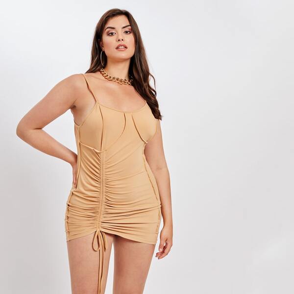 

Plus Bustier Drawstring Front Cami Bodycon Dress, Apricot