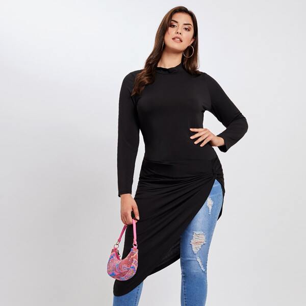 

Plus Twist Asymmetrical Hem Longline Tee, Black