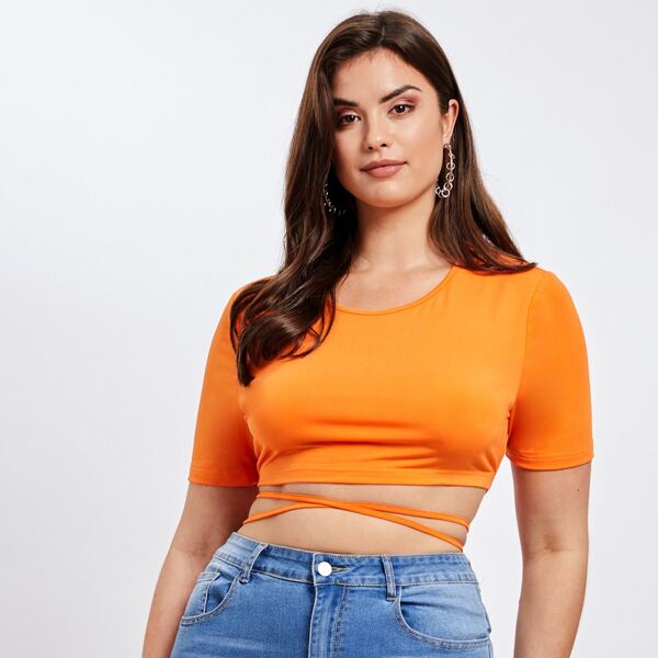 

Plus Solid Criss Cross Lace Up Crop Tee, Orange