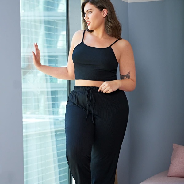 

Plus Solid Cami Pajama Set, Black