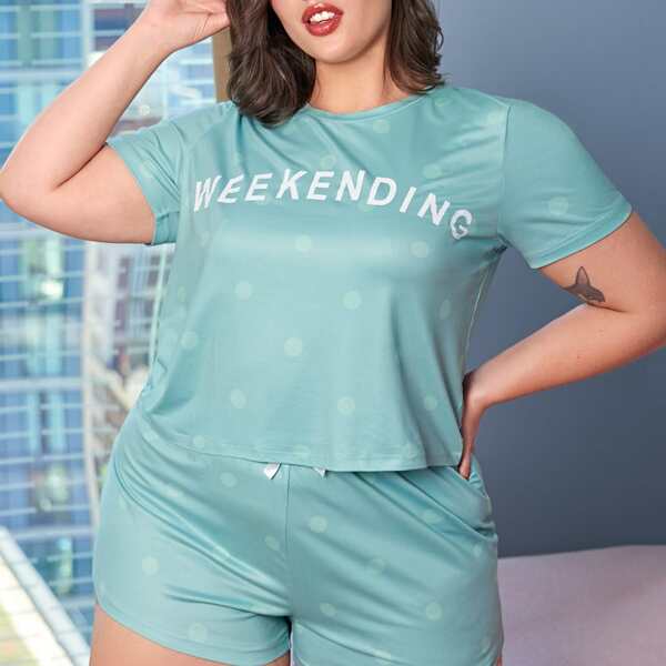 

Plus Letter And Polka Dot Print PJ Set, Mint blue