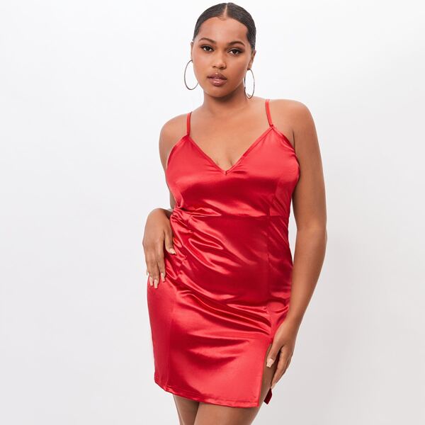 

Plus Slit Hem Satin Cami Dress, Red