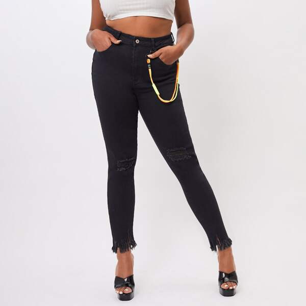 Plus High Waist Decor Detail Raw Trim Skinny Jeans, Black