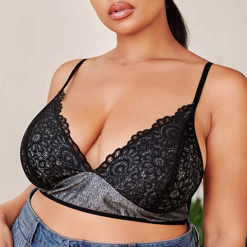 

Plus Floral Lace Longline Bralette, Black