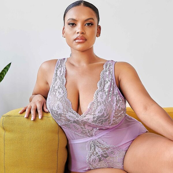 

Plus Contrast Lace Teddy Bodysuit, Lilac purple
