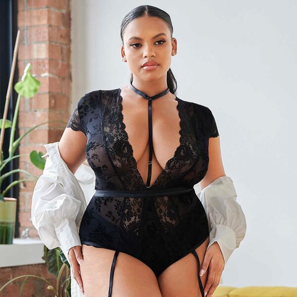 

Plus Floral Lace Garter Teddy Bodysuit With Choker, Black