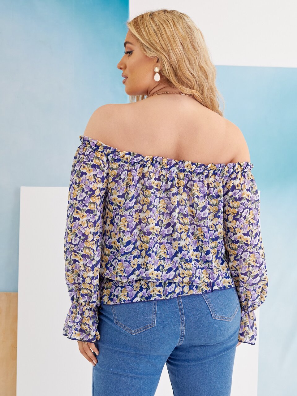 Plus Allover Floral Tie Front Bardot Blouse