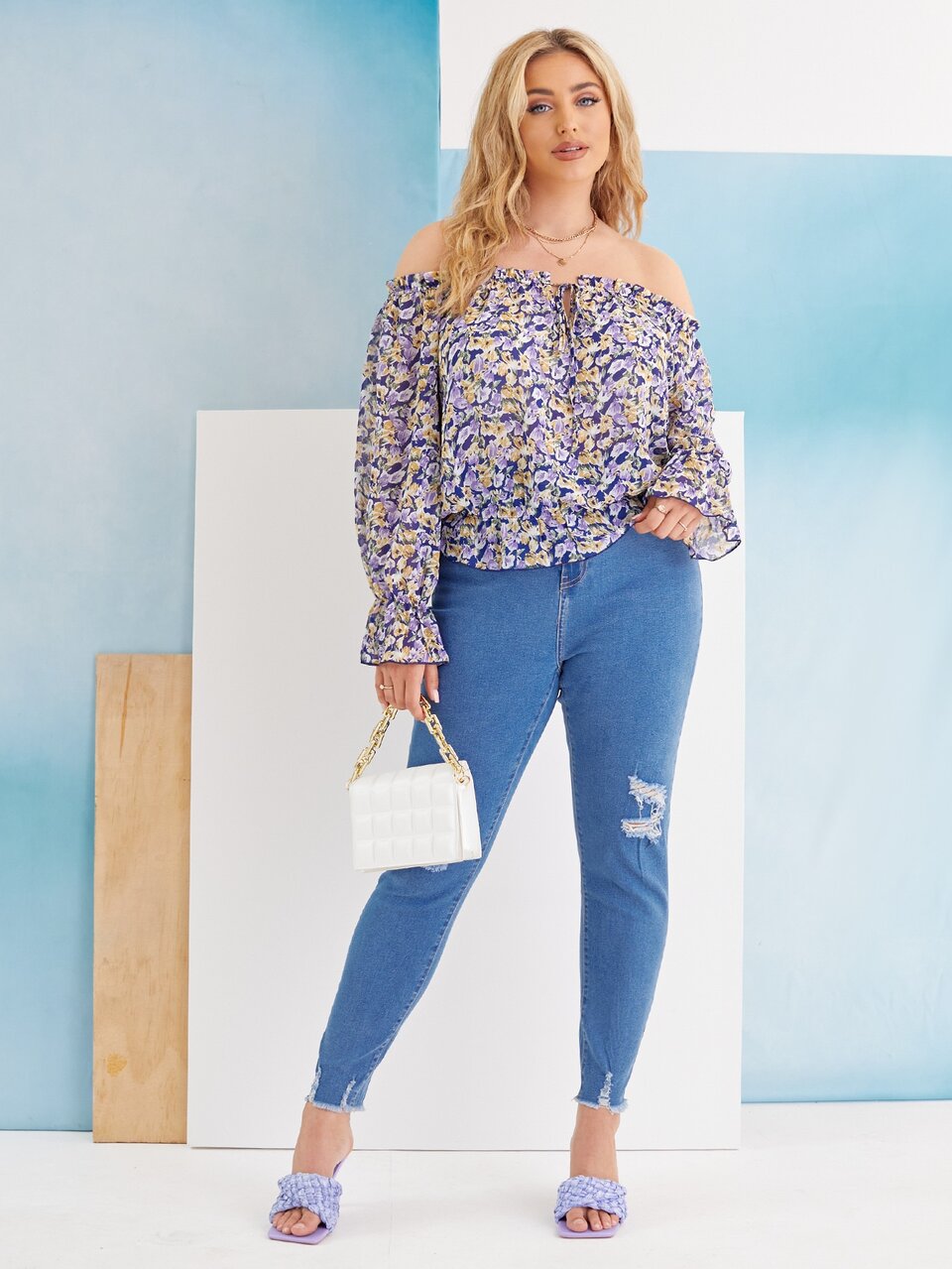 Plus Allover Floral Tie Front Bardot Blouse