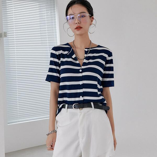 

Striped Button Front Knit Top, Blue and white