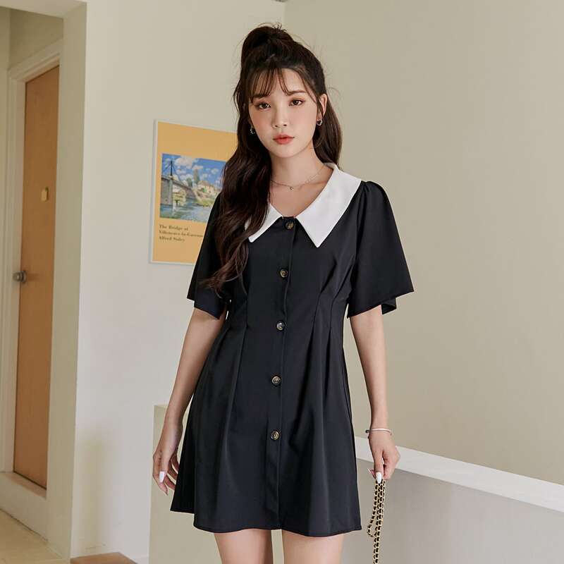 

Contrast Doll Collar Button Front Dress, Black