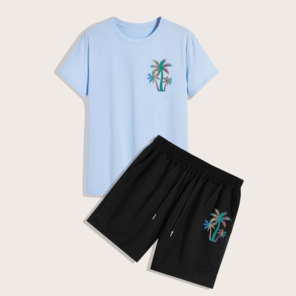 

Men Palm Trees Print Tee & Drawstring Shorts Set, Multicolor