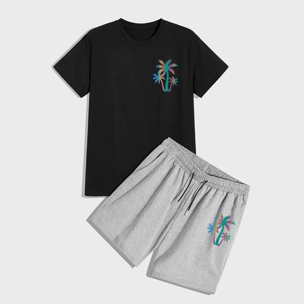 

Men Palm Trees Print Tee & Drawstring Shorts Set, Multicolor