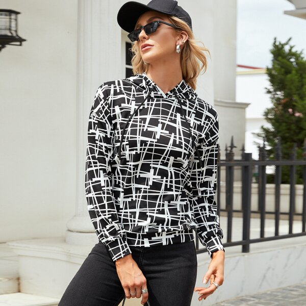 

Allover Print Drawstring Hoodie, Black and white