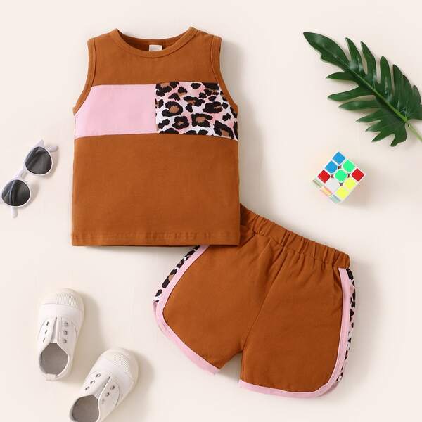 

Baby Girl Colorblock And Leopard Print Tank Top & Shorts, Brown