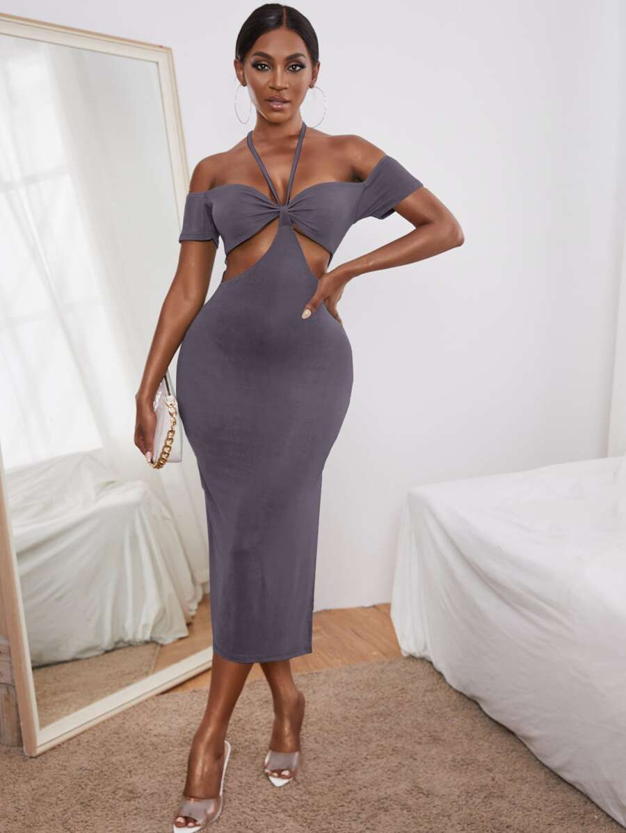 SHEIN SXY Đầm Lộ Lưng Cắt ra Buộc lại Tách cao màu trơn Gợi cảm - Màu tím hoa cà - Xem 1