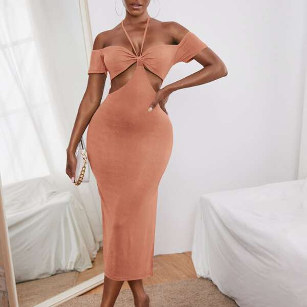 

Solid Tie Back Peekaboo Dress, Coral pink