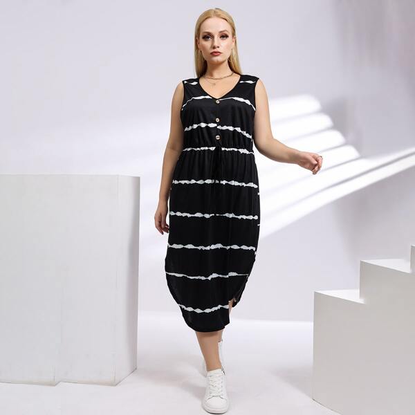 

Plus Curved Hem Striped Tank Dress, Black