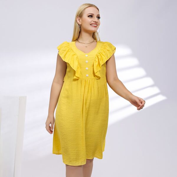 

Plus Ruffle Trim Half Button Dress, Yellow