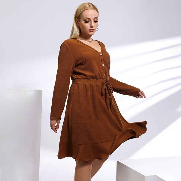 

Plus Half Button Knot Waist A-Line Dress, Coffee brown