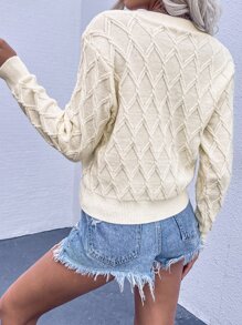 V-Neck Cable Knit Cardigan - Beige - View 2