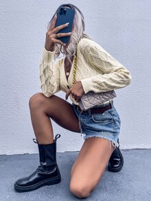 V-Neck Cable Knit Cardigan - Beige - View 6