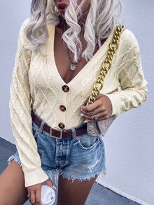 V-Neck Cable Knit Cardigan - Beige - View 4