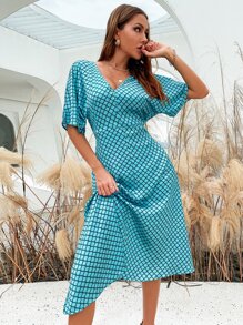 SHEIN Unity 滿版印花繫帶A字連衣裙 - 藍色 - 查看 1