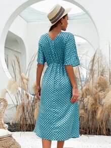 SHEIN Unity 滿版印花繫帶A字連衣裙 - 藍色 - 查看 2