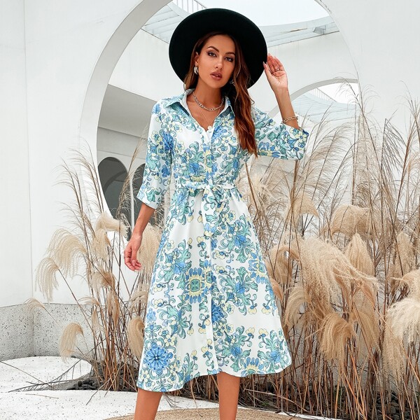 

Floral Button Front Belted Dress, Multicolor