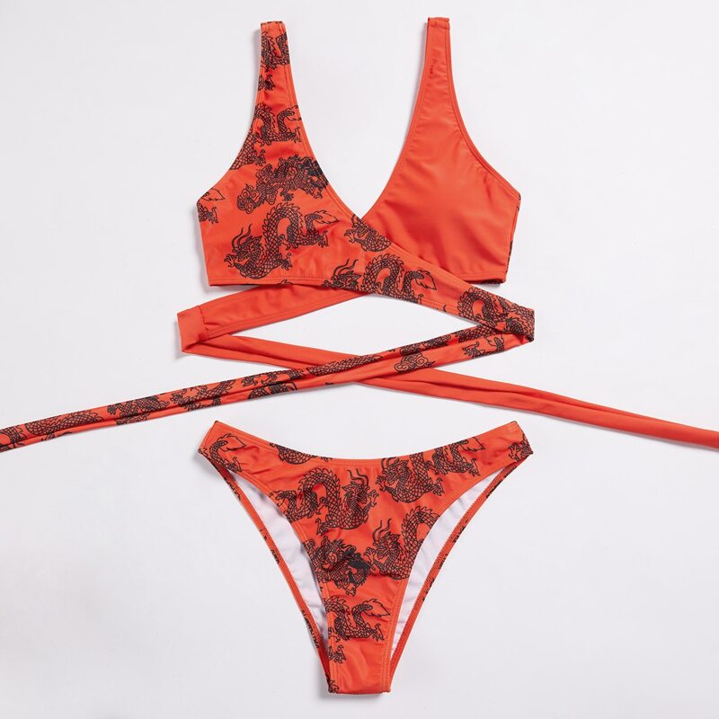 

Chinese Dragon Print Wrap Bikini Swimsuit, Multicolor