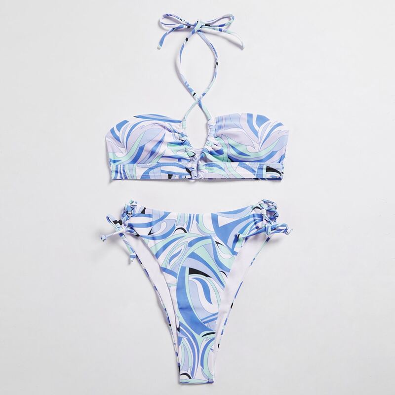 

Allover Print Halter High Leg Bikini Swimsuit, Multicolor