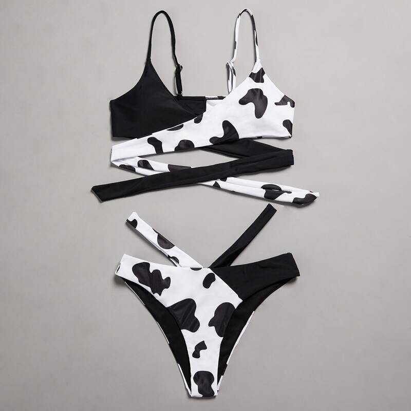 

Cow Pattern Wrap Bikini Swimsuit, Black and white