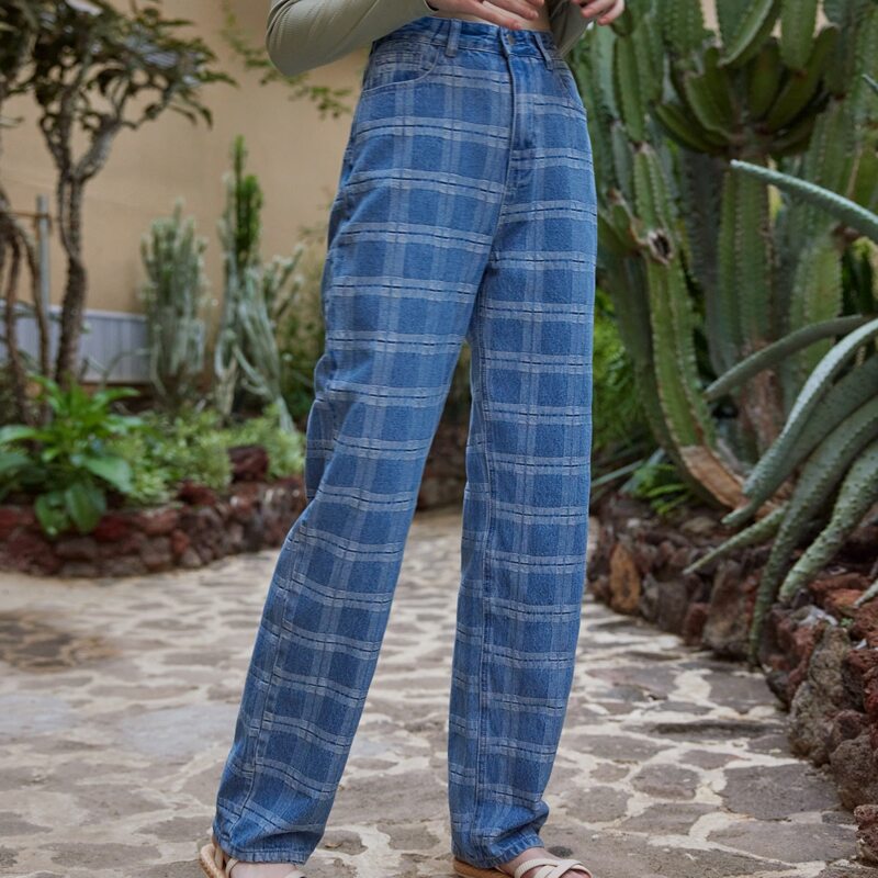 

Plaid Button Fly Jeans, Blue