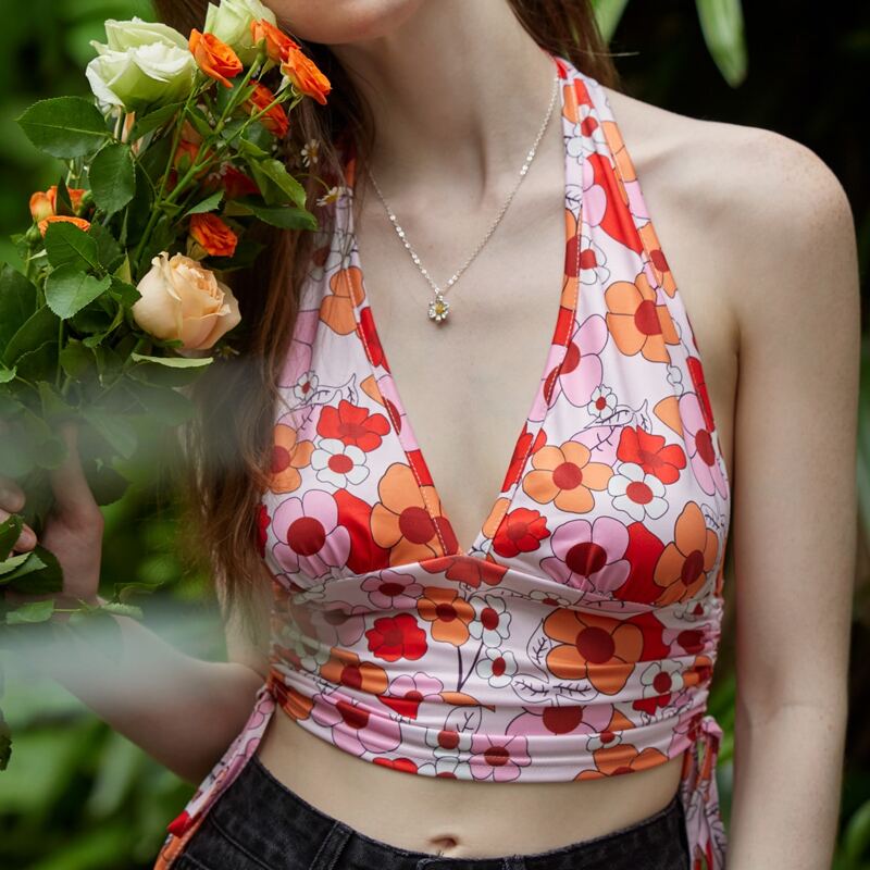 

Floral Print Drawstring Ruched Halter Top, Multicolor