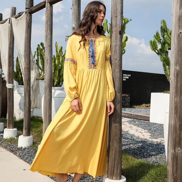 

Embroidery Tape Panel Tassel Detail Bishop Sleeve Dress, Yellow