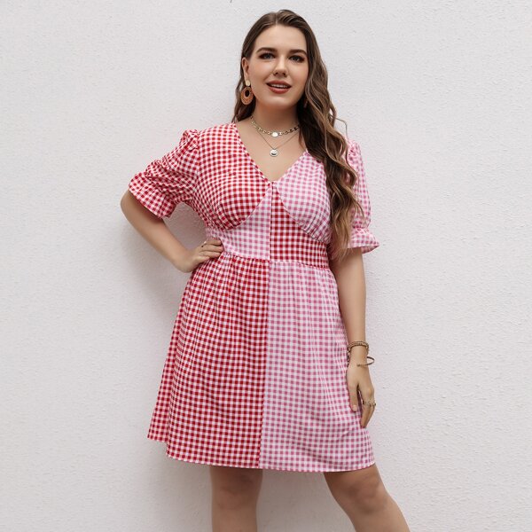 

Plus Spliced Gingham A-line Dress, Multicolor