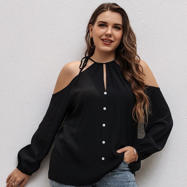 

Plus Cold Shoulder Button Up Blouse, Black
