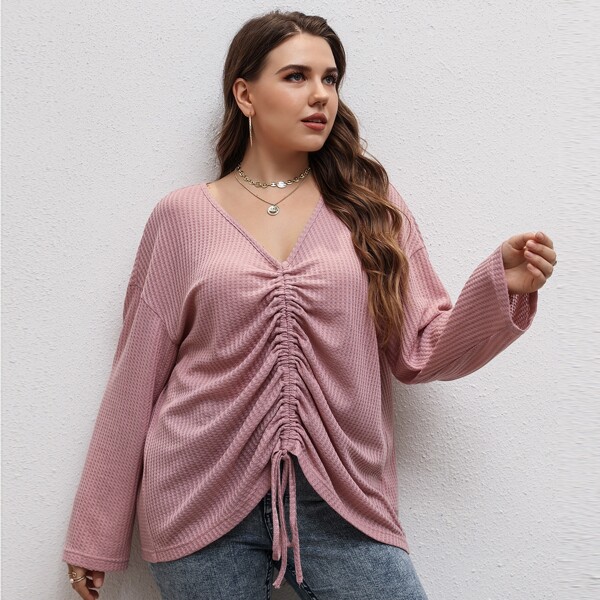 

Plus Waffle Knit Drawstring Front Drop Shoulder Tee, Dusty pink