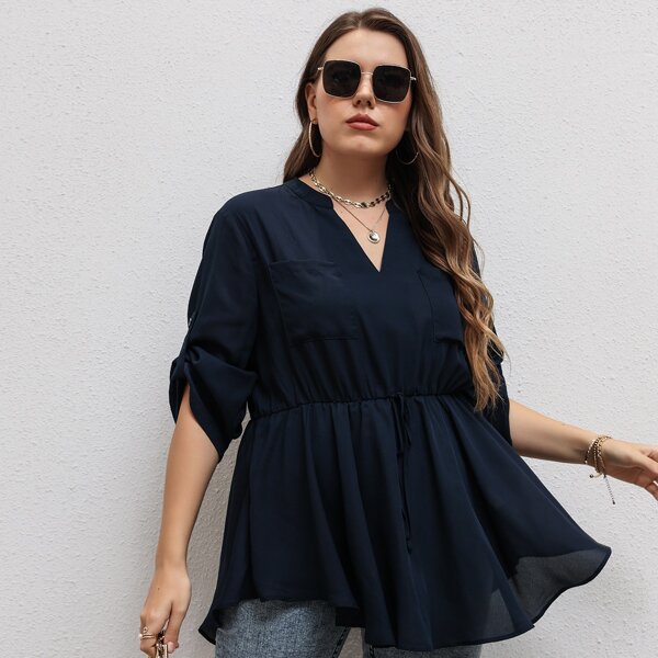 

Plus Pocket Patched Roll Sleeve Peplum Blouse, Navy blue