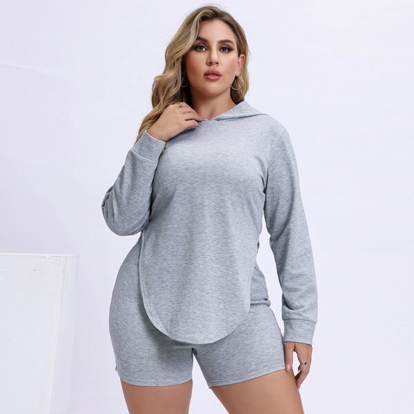 

Plus Curved Hem Hoodie With Biker Shorts, Grey