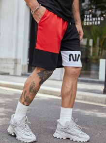 Manfinity 男士鬆身字母圖形拼色運動短褲 - 彩色 - 查看 4