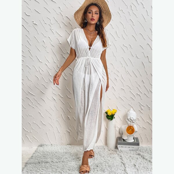 

Sheer Mesh Drawstring Cover Up, White