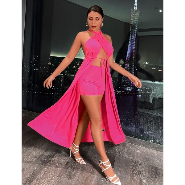 

Tie Front Backless Longline Halter Top With Shorts, Hot pink