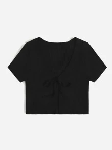 Cárdigan corto tejido de canalé con cordón delantero - Negro - Ver 3