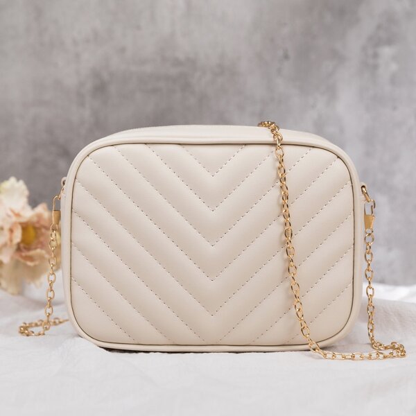 

Chevron Chain Crossbody Bag, Beige
