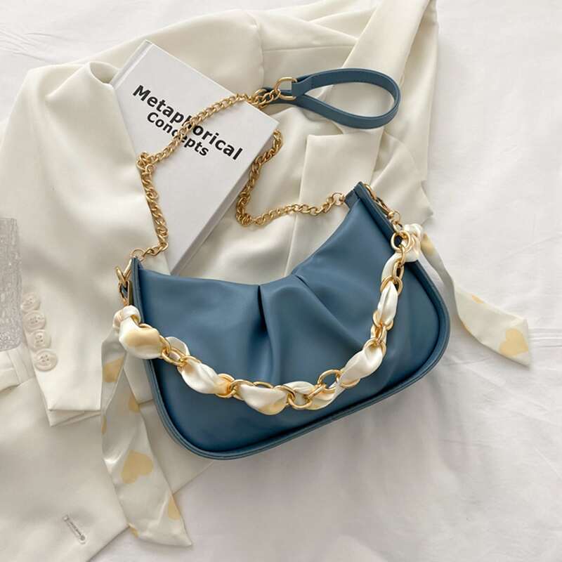 

Scarf Decor Ruched Chain Shoulder Bag, Blue