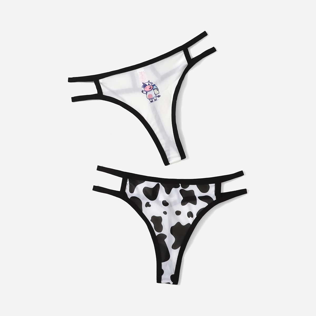 

2pack Cow Print Panty Set, Black and white